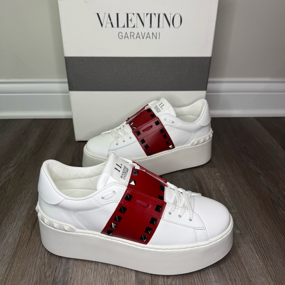 Valentino Garavani Limited Edition Rockstud Platform White Red Leather Sneakers - Picture 2 of 15